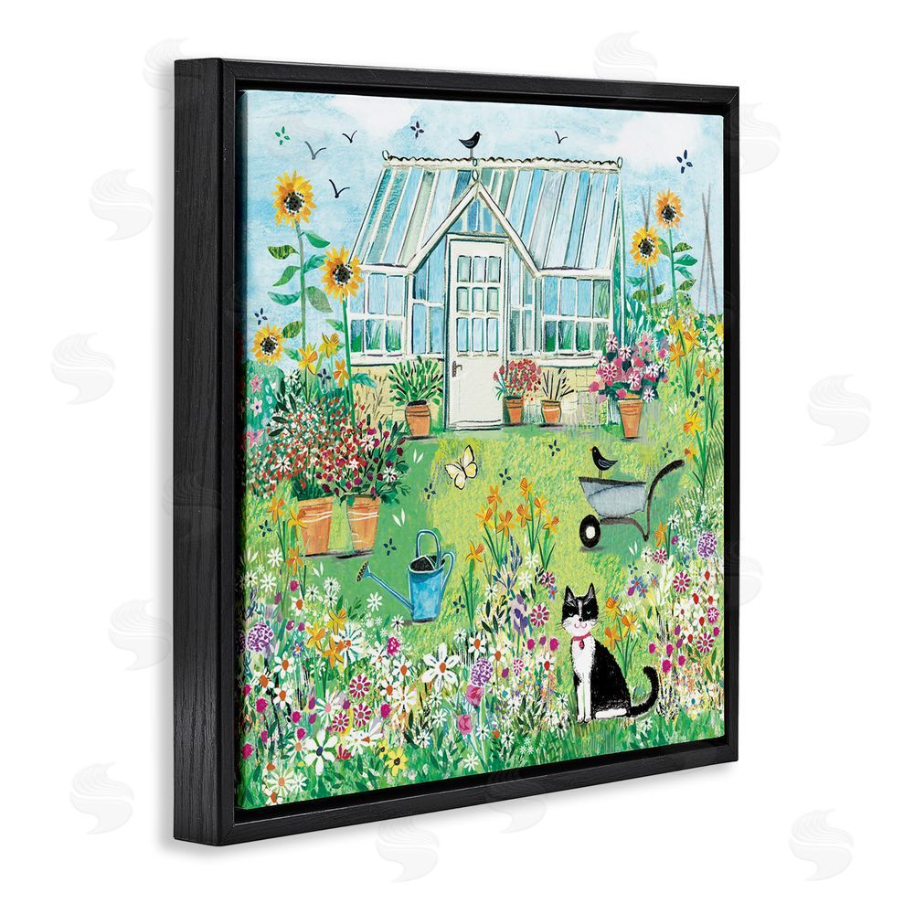 Clare Tupper Garden Greenhouse & Cat Black Floating Frame Canvas Wall Art Print