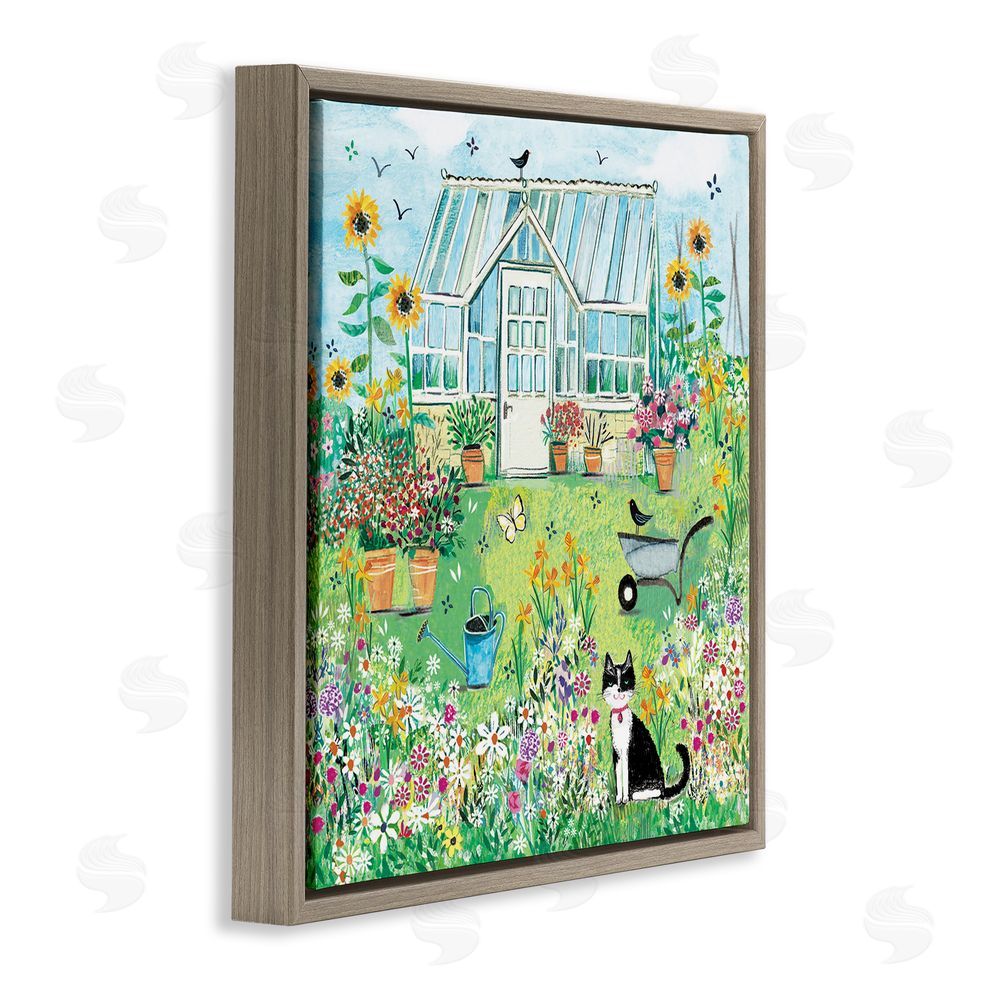 Clare Tupper Garden Greenhouse & Cat Brown Floating Frame Canvas Wall Art Print