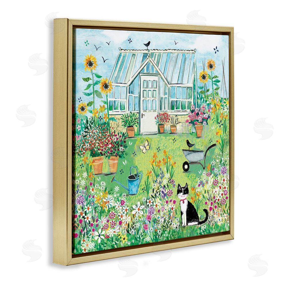 Clare Tupper Garden Greenhouse & Cat Gold Floating Frame Canvas Wall Art Print