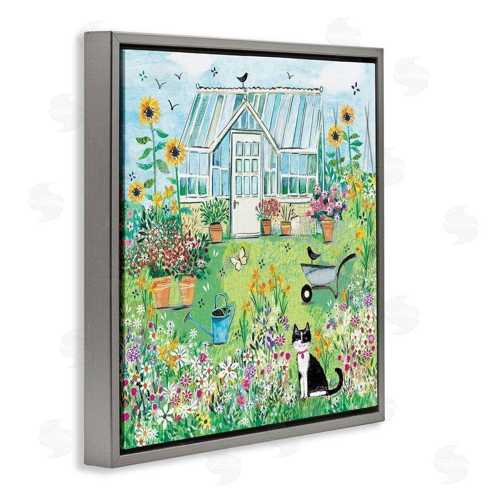 Clare Tupper Garden Greenhouse & Cat Gray Floating Frame Canvas Wall Art Print