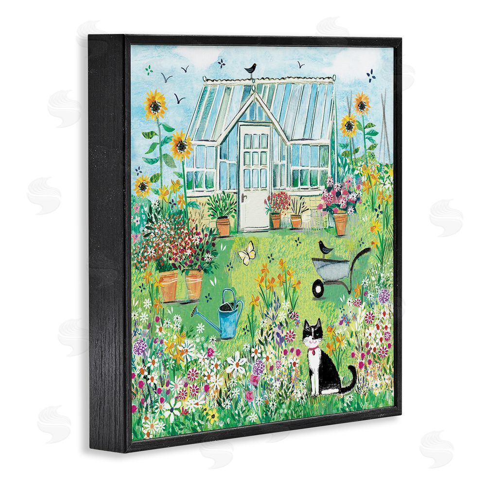 Clare Tupper Garden Greenhouse & Cat Black Framed Giclee Wall Art Print