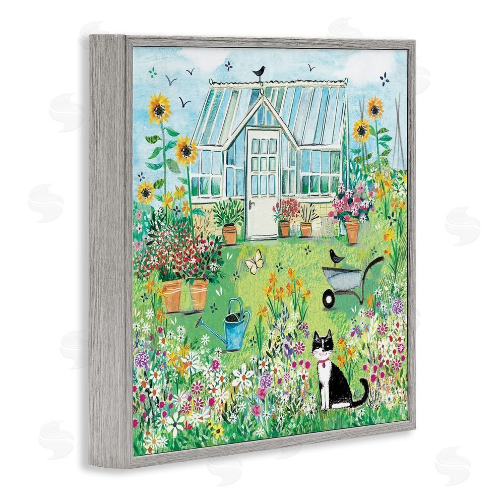 Clare Tupper Garden Greenhouse & Cat Gray Framed Giclee Wall Art Print