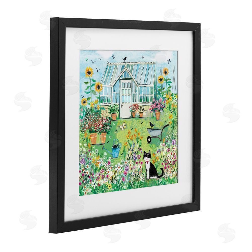 Clare Tupper Garden Greenhouse & Cat Black Framed Print Under Glass with White Mat Wall Art