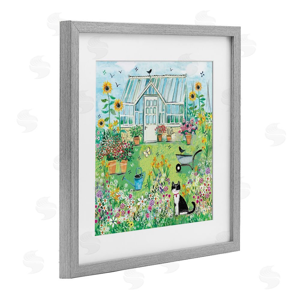 Clare Tupper Garden Greenhouse & Cat Gray Framed Print Under Glass with White Mat Wall Art