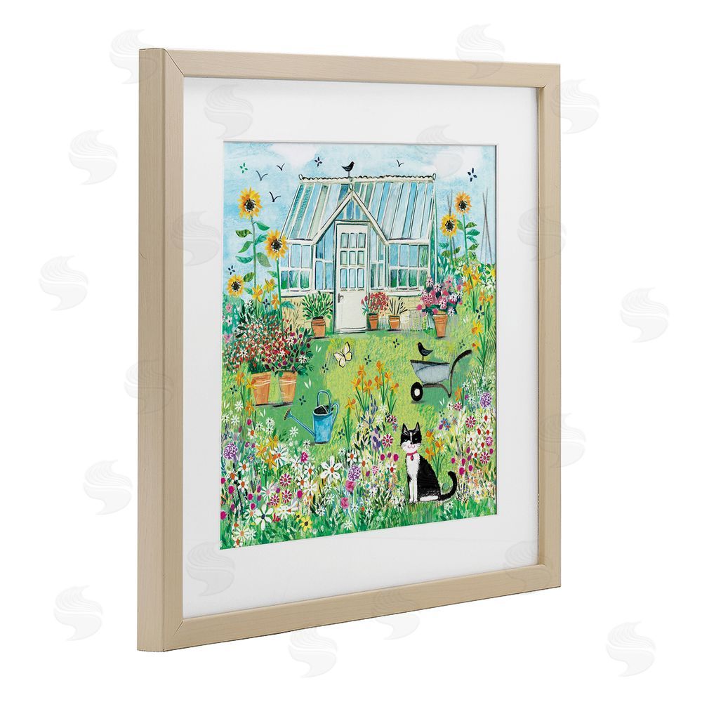 Clare Tupper Garden Greenhouse & Cat Birch Framed Print Under Glass with White Mat Wall Art