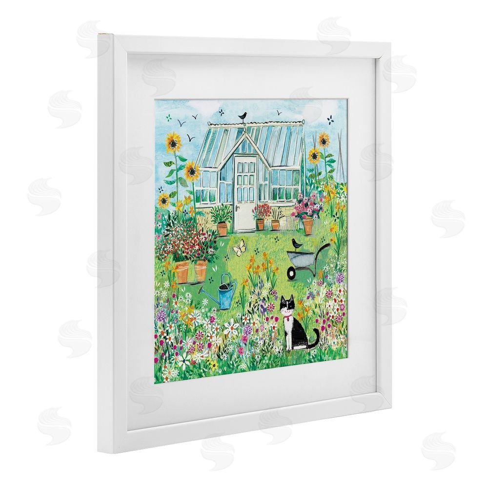 Clare Tupper Garden Greenhouse & Cat White Framed Print Under Glass with Mat Wall Art