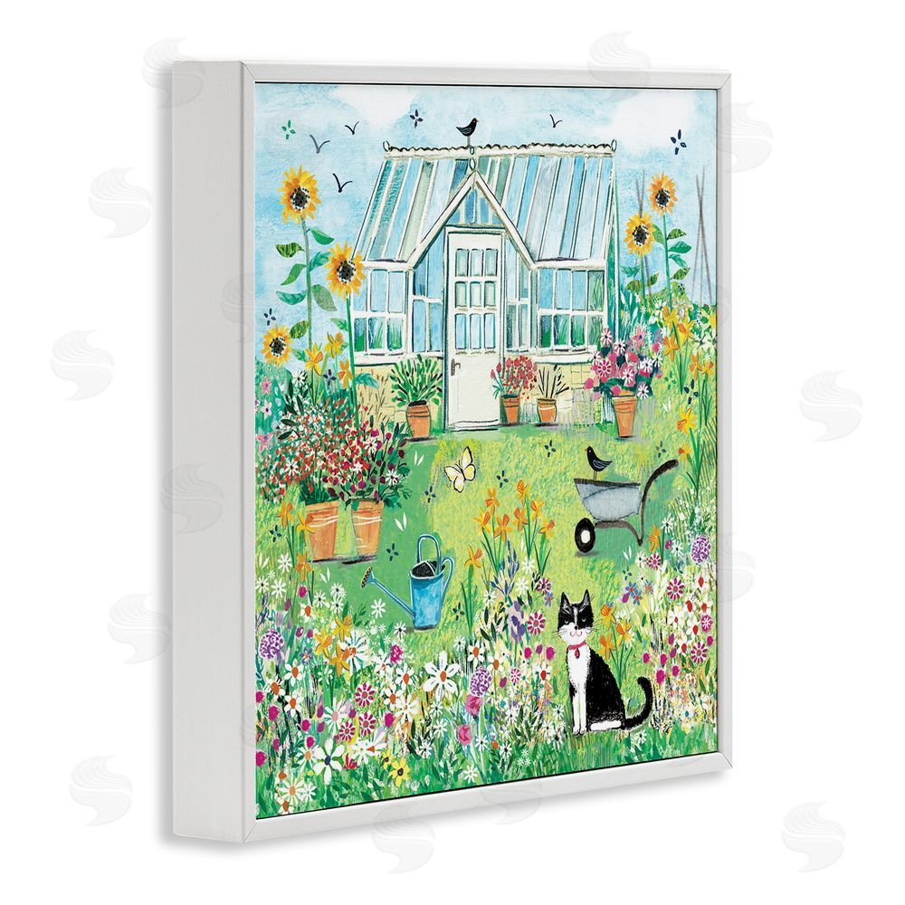 Clare Tupper Garden Greenhouse & Cat White Framed Giclee Wall Art Print