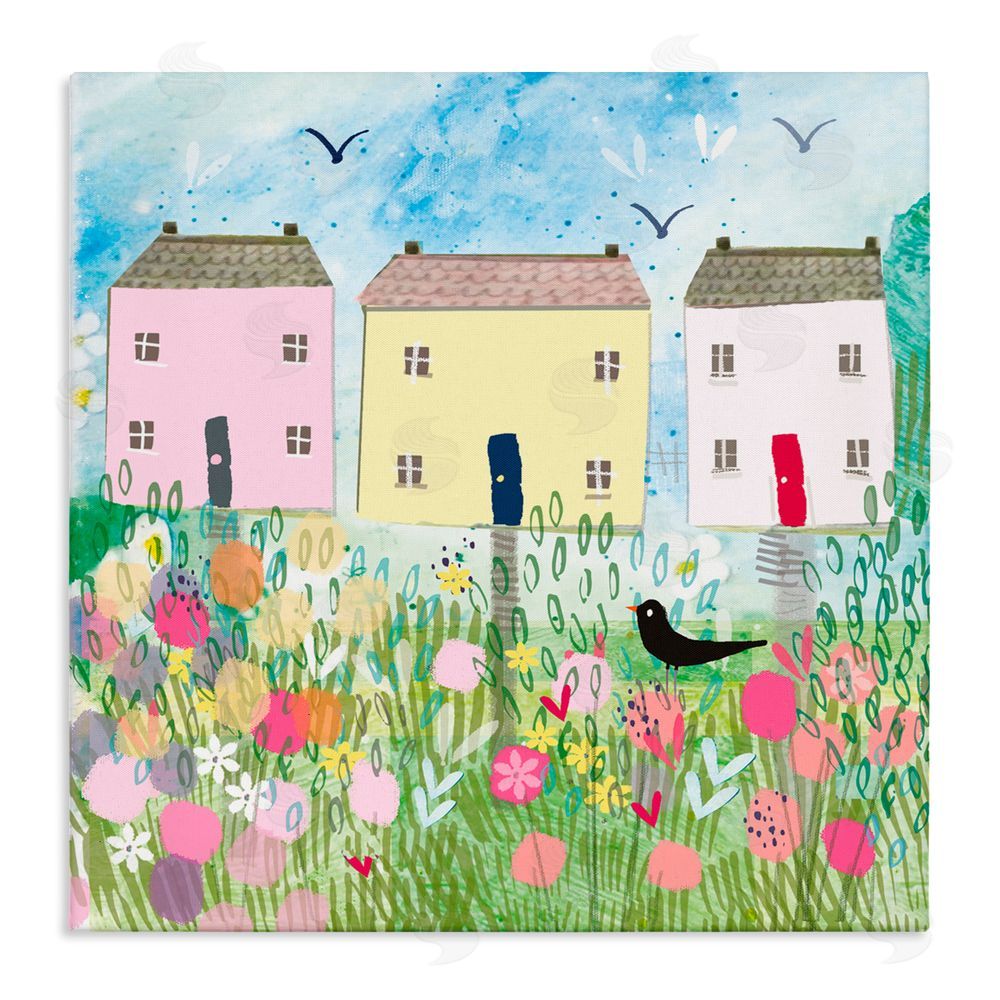 Clare Tupper Row Of Cottages with Crow Canvas Wall Art Print