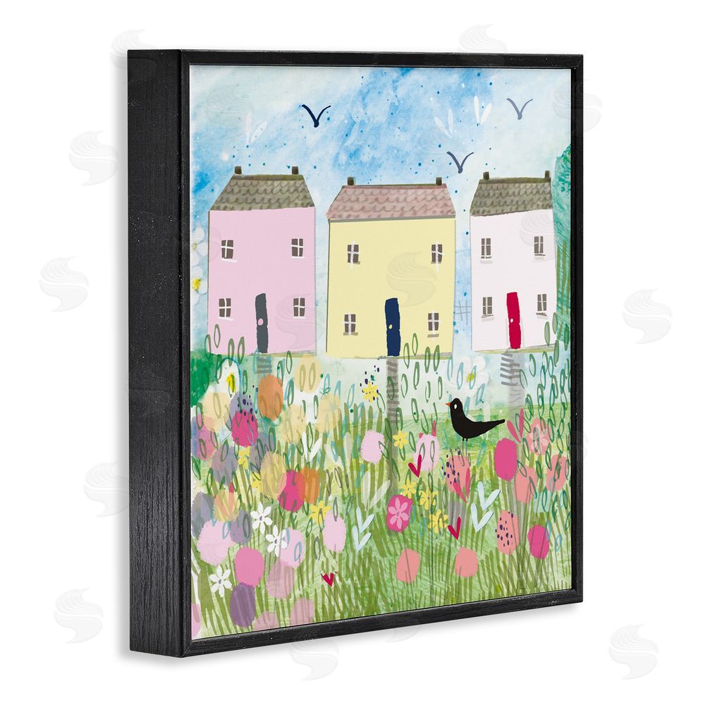 Clare Tupper Row Of Cottages with Crow Black Framed Giclee Wall Art Print