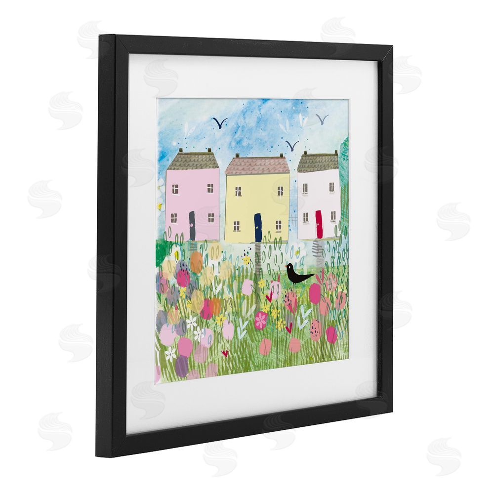 Clare Tupper Row Of Cottages with Crow Black Framed Print Under Glass with White Mat Wall Art
