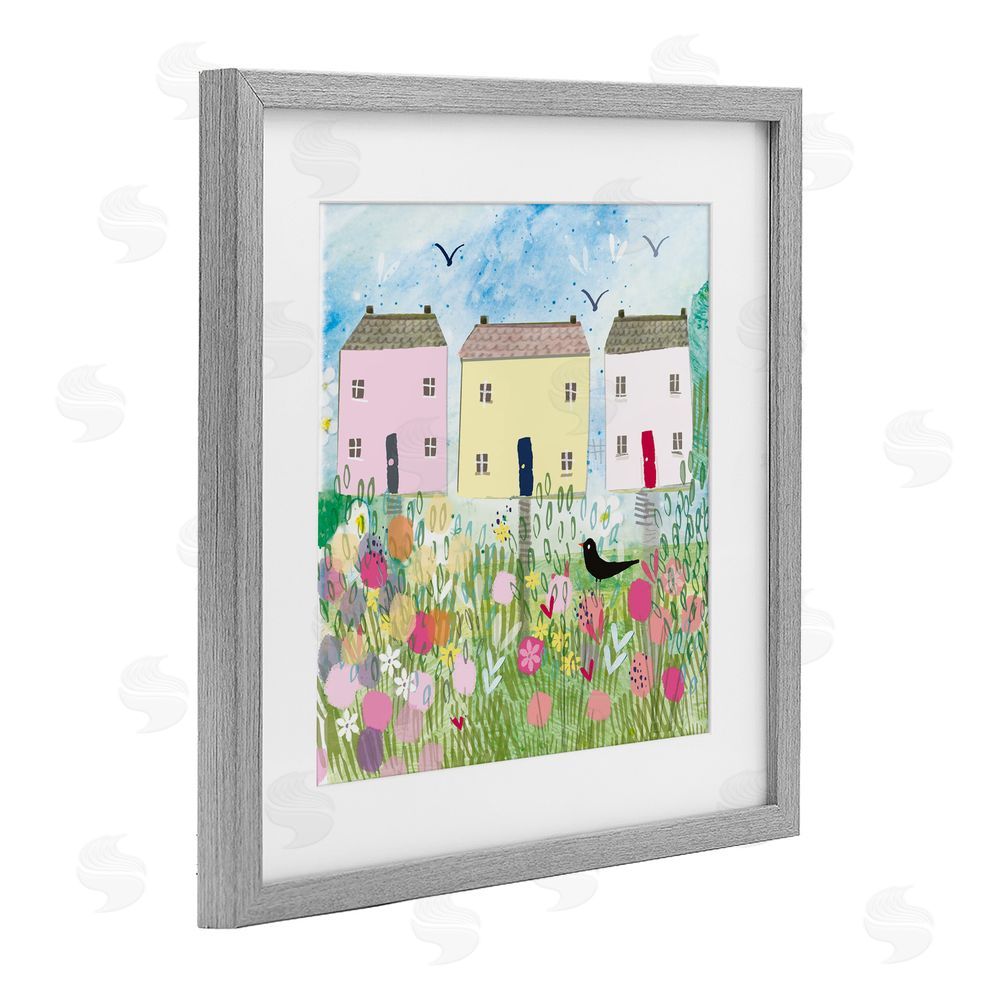 Clare Tupper Row Of Cottages with Crow Gray Framed Print Under Glass with White Mat Wall Art