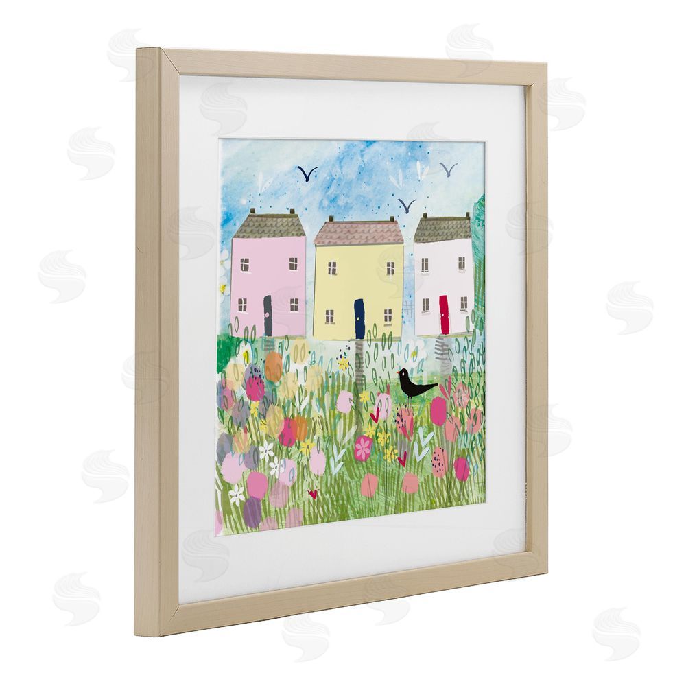 Clare Tupper Row Of Cottages with Crow Birch Framed Print Under Glass with White Mat Wall Art