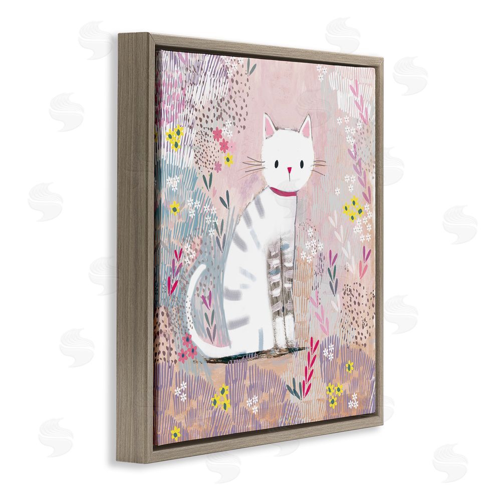 Clare Tupper White Kitten with Stripes Sitting Brown Floating Frame Canvas Wall Art Print