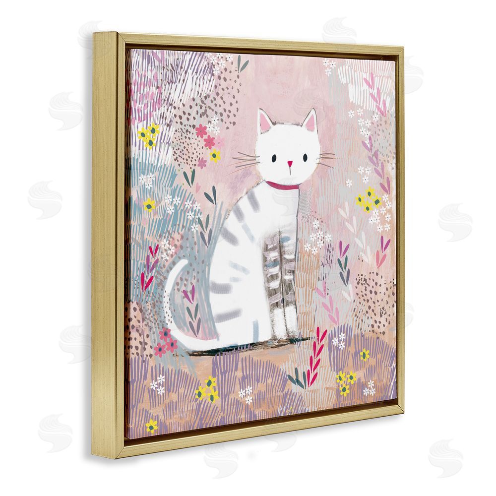 Clare Tupper White Kitten with Stripes Sitting Gold Floating Frame Canvas Wall Art Print