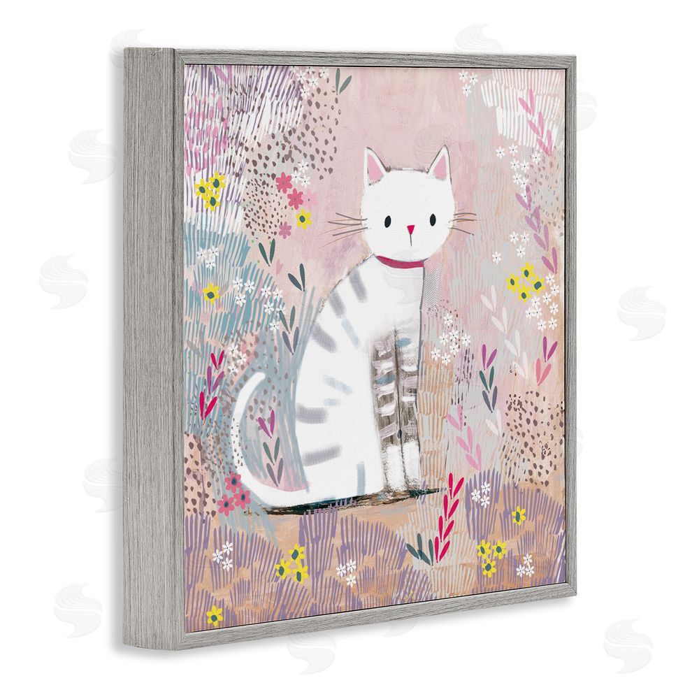 Clare Tupper White Kitten with Stripes Sitting Gray Framed Giclee Wall Art Print