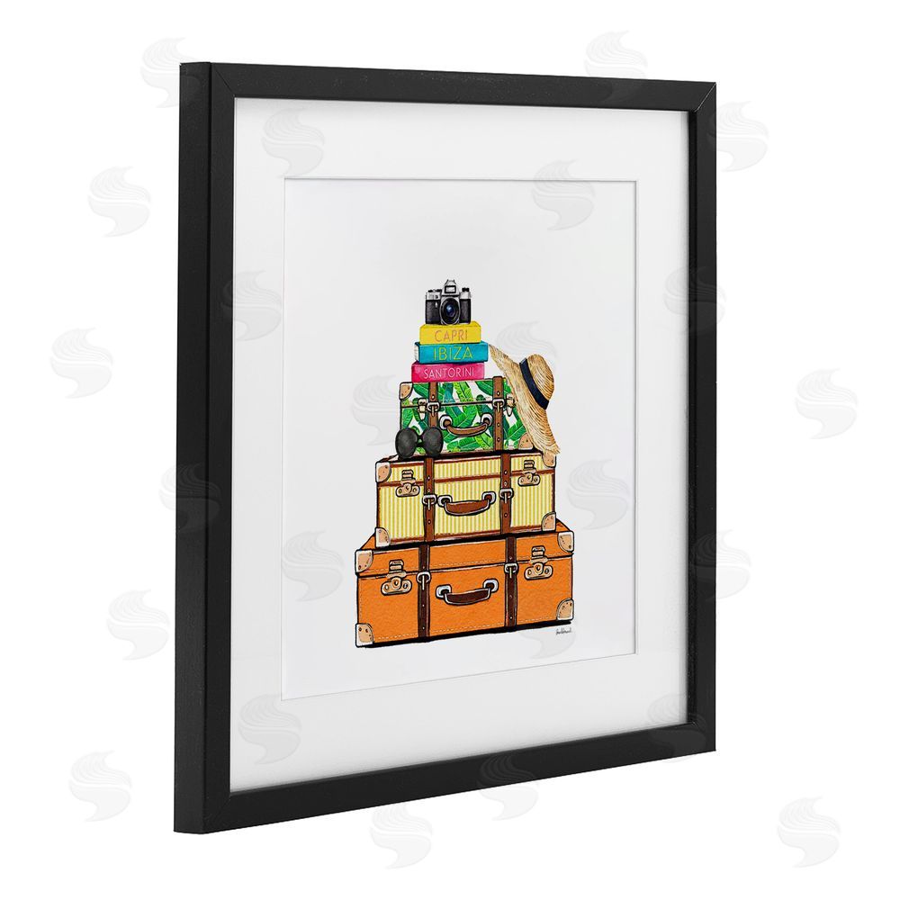 Amanda Greenwood Travel Suitcases & Camera Black Framed Print Under Glass Wall Art
