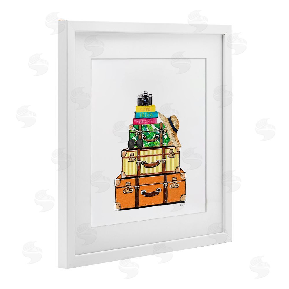 Amanda Greenwood Travel Suitcases & Camera White Framed Print Under Glass Wall Art