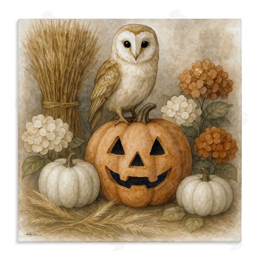 stupell industries Antony Smith | Autumn Harvest Owl & Jack-o-Lantern