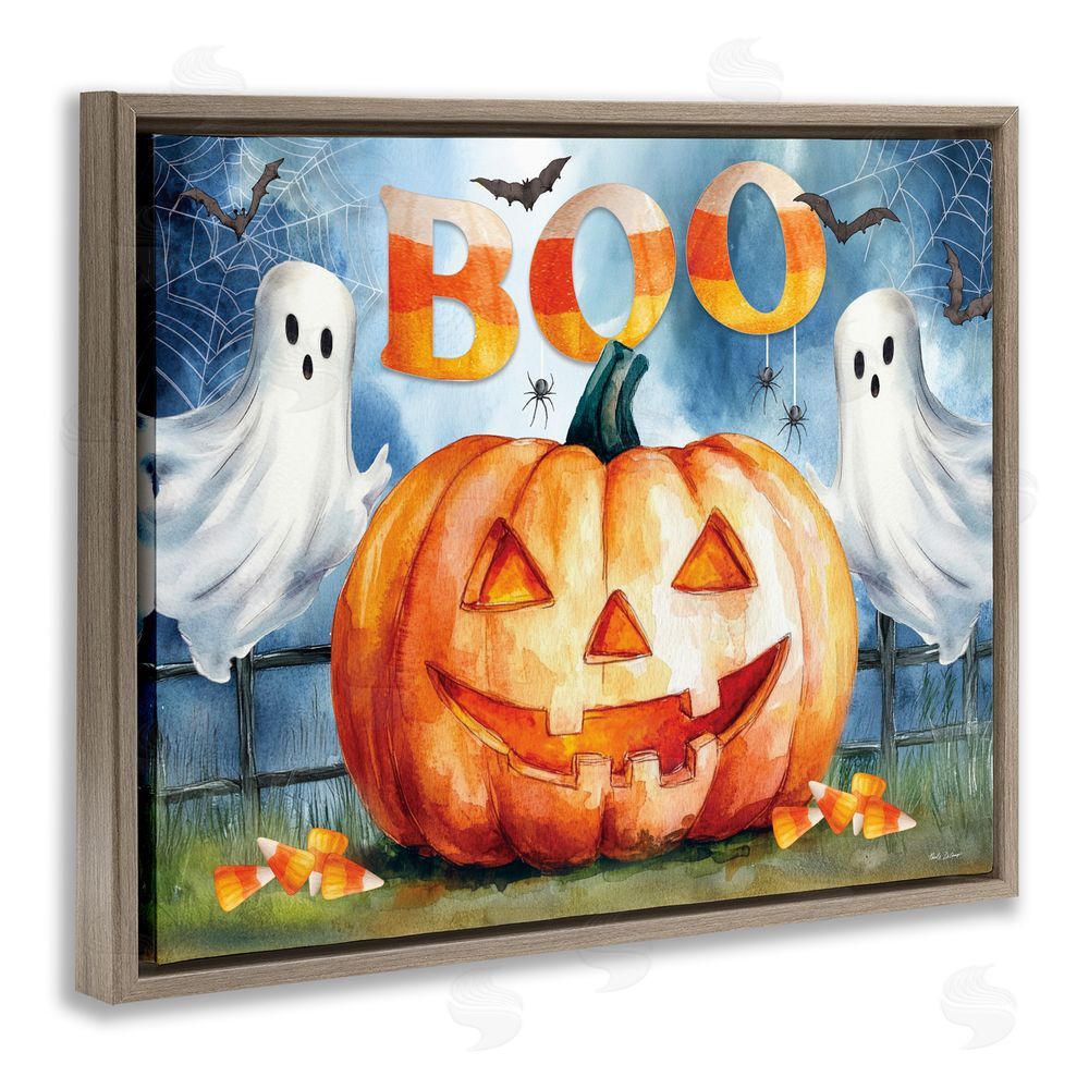 Nicole DeCamp Boo Ghosts & Jack-o-Lantern Brown Floating Frame Canvas Art Print