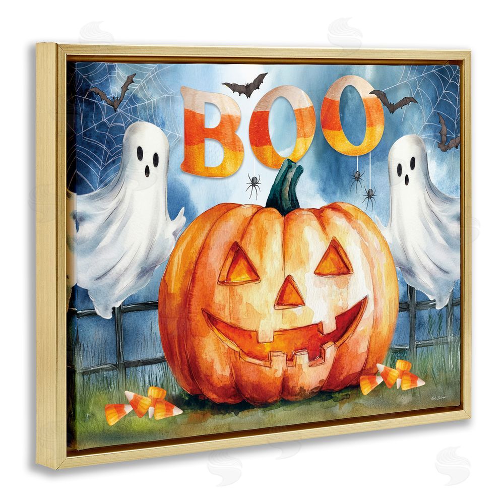Nicole DeCamp Boo Ghosts & Jack-o-Lantern Gold Floating Frame Canvas Art Print