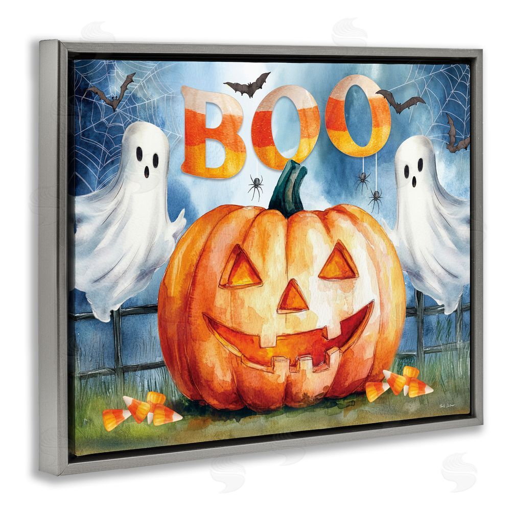 Nicole DeCamp Boo Ghosts & Jack-o-Lantern Gray Floating Frame Canvas Art Print