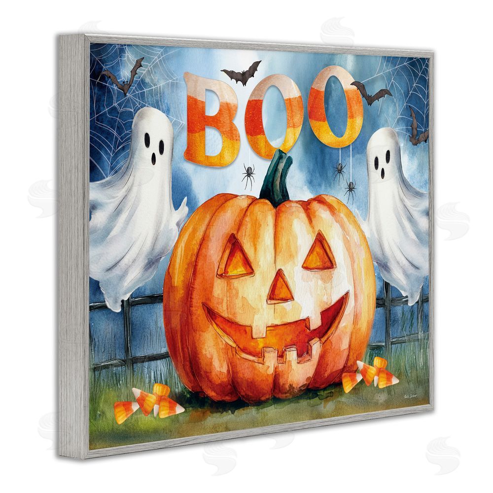 Nicole DeCamp Boo Ghosts & Jack-o-Lantern Gray Framed Giclee Art Print