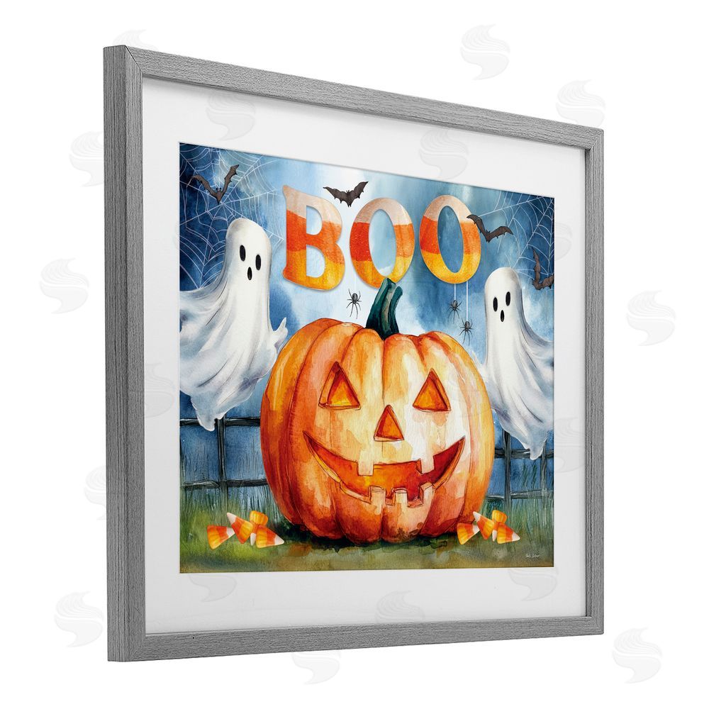 Nicole DeCamp Boo Ghosts & Jack-o-Lantern Gray Framed Print Under Glass Art