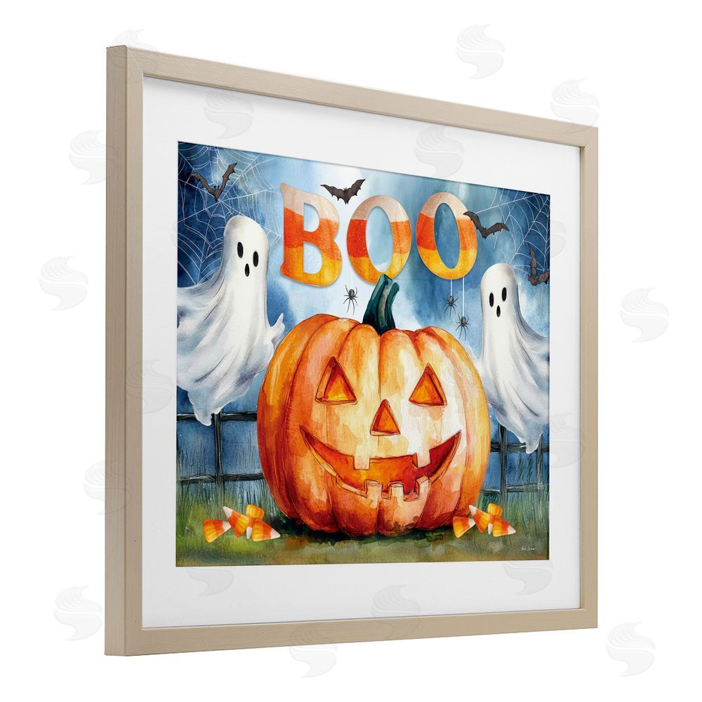 Nicole DeCamp Boo Ghosts & Jack-o-Lantern Birch Framed Print Under Glass Art