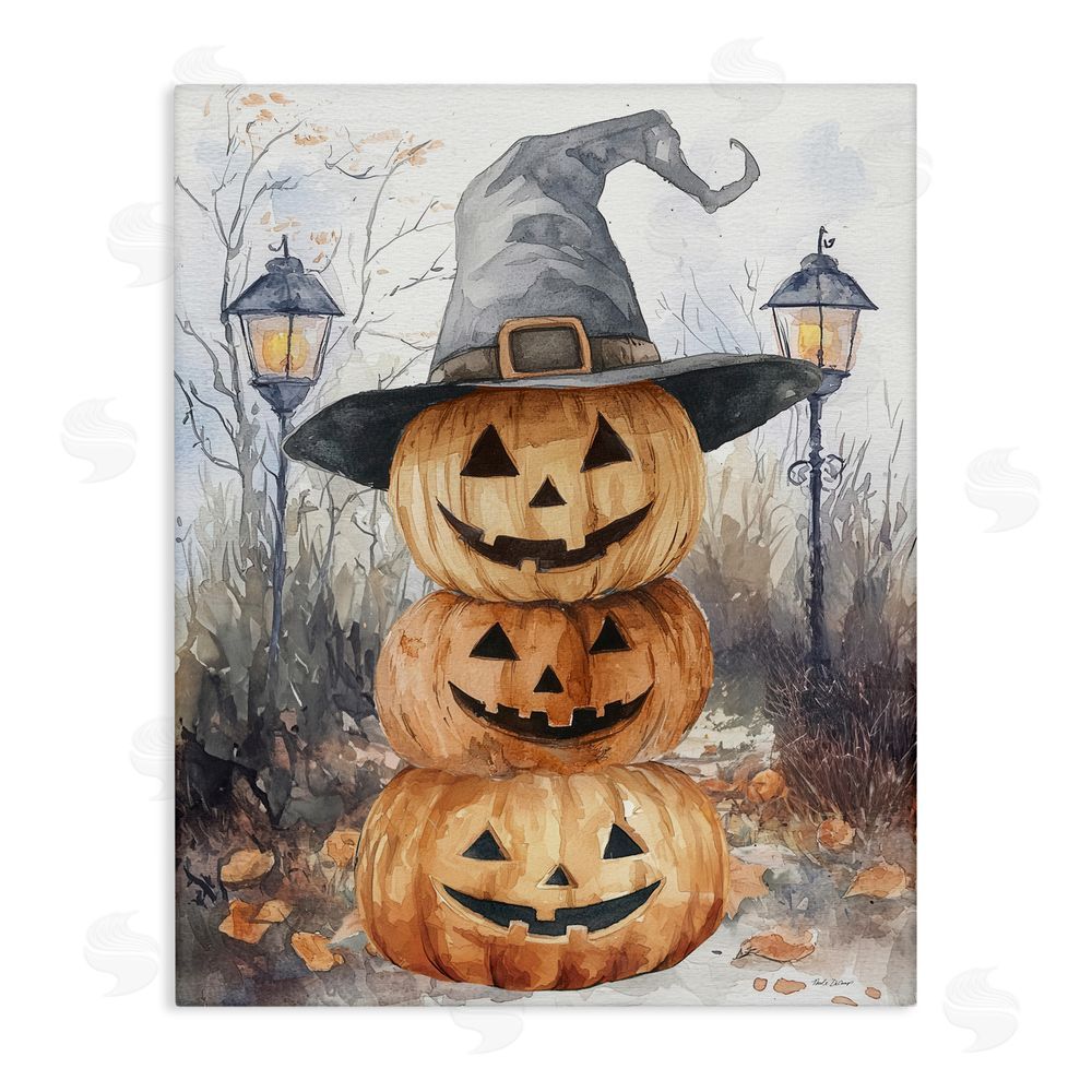 Nicole DeCamp Stacked Jack-o-Lanterns with Witch Hat Canvas Wall Art Print