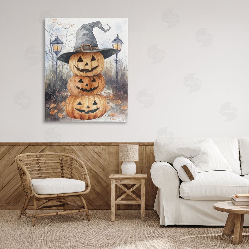 Nicole DeCamp Stacked Jack-o-Lanterns with Witch Hat Printed Wall Art in Room