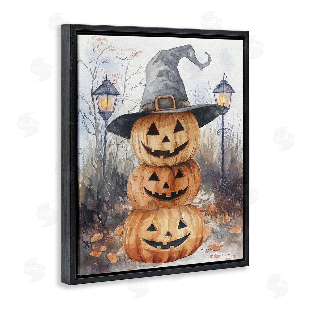 Nicole DeCamp Stacked Jack-o-Lanterns with Witch Hat Black Floating Frame Canvas Wall Art Print