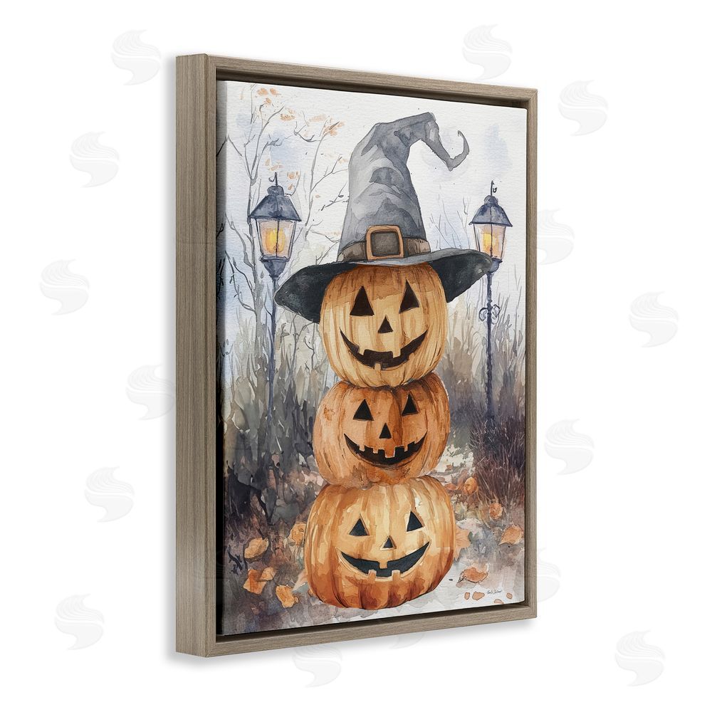 Nicole DeCamp Stacked Jack-o-Lanterns with Witch Hat Brown Floating Frame Canvas Art Print