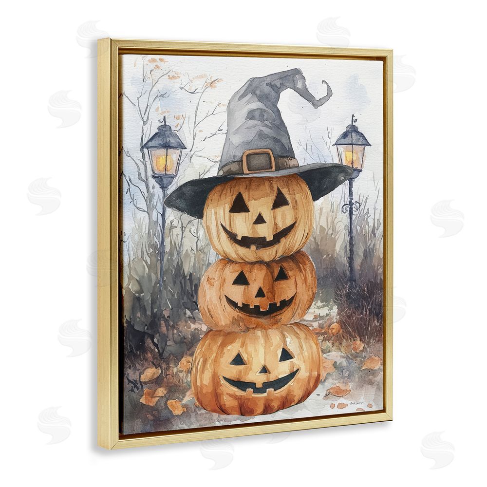 Nicole DeCamp Stacked Jack-o-Lanterns with Witch Hat Gold Floating Frame Canvas Art Print