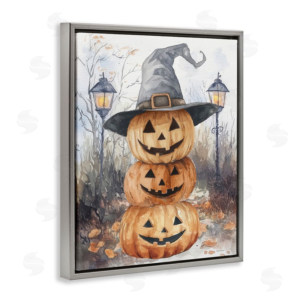 Nicole DeCamp Stacked Jack-o-Lanterns with Witch Hat Gray Floating Frame Canvas Art Print
