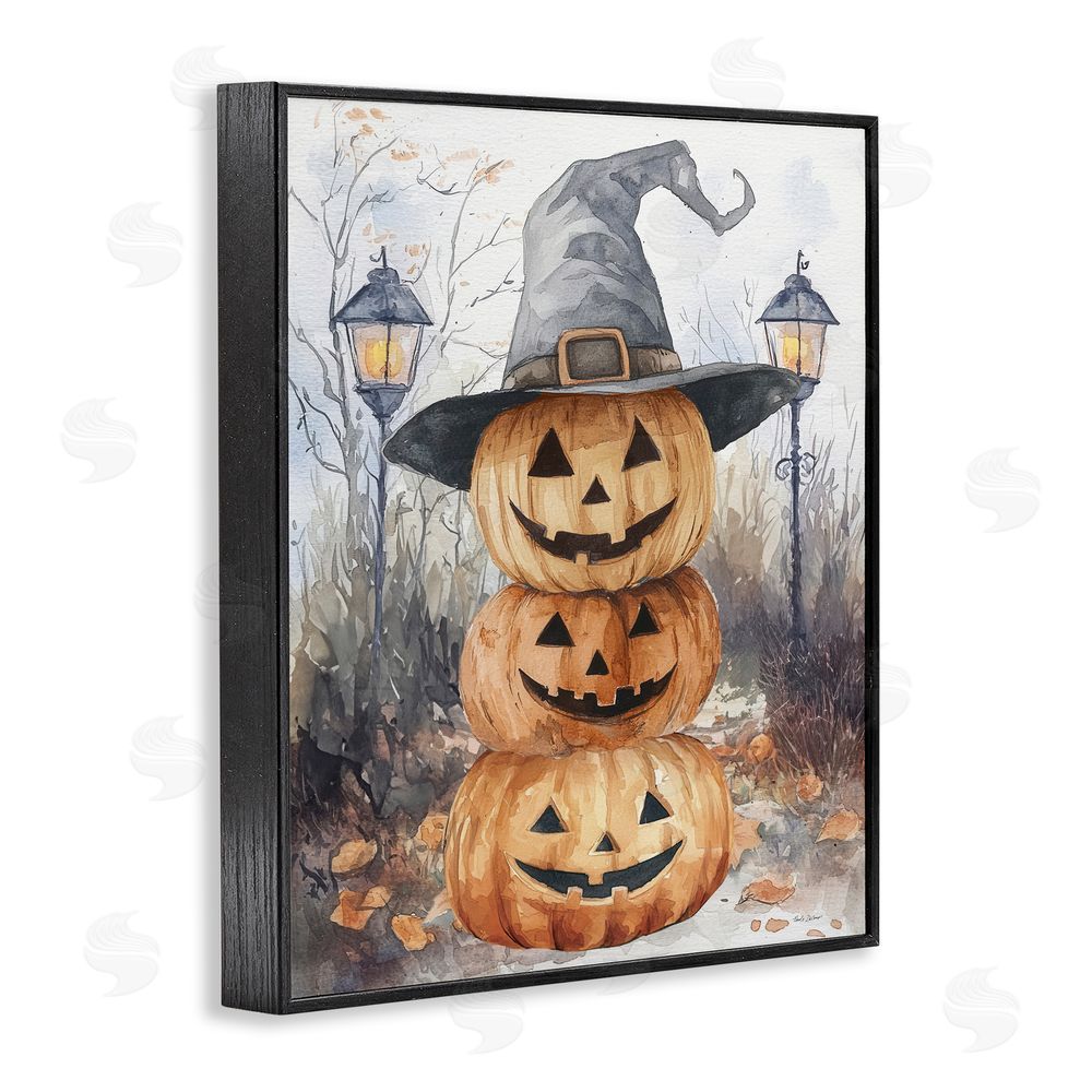 Nicole DeCamp Stacked Jack-o-Lanterns with Witch Hat Black Framed Giclee Art Print