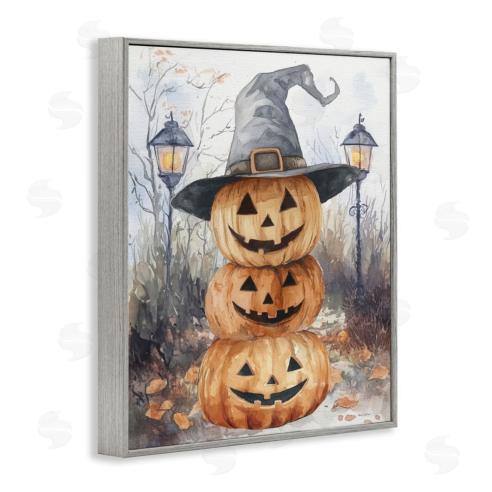 Nicole DeCamp Stacked Jack-o-Lanterns with Witch Hat Gray Framed Giclee Art Print