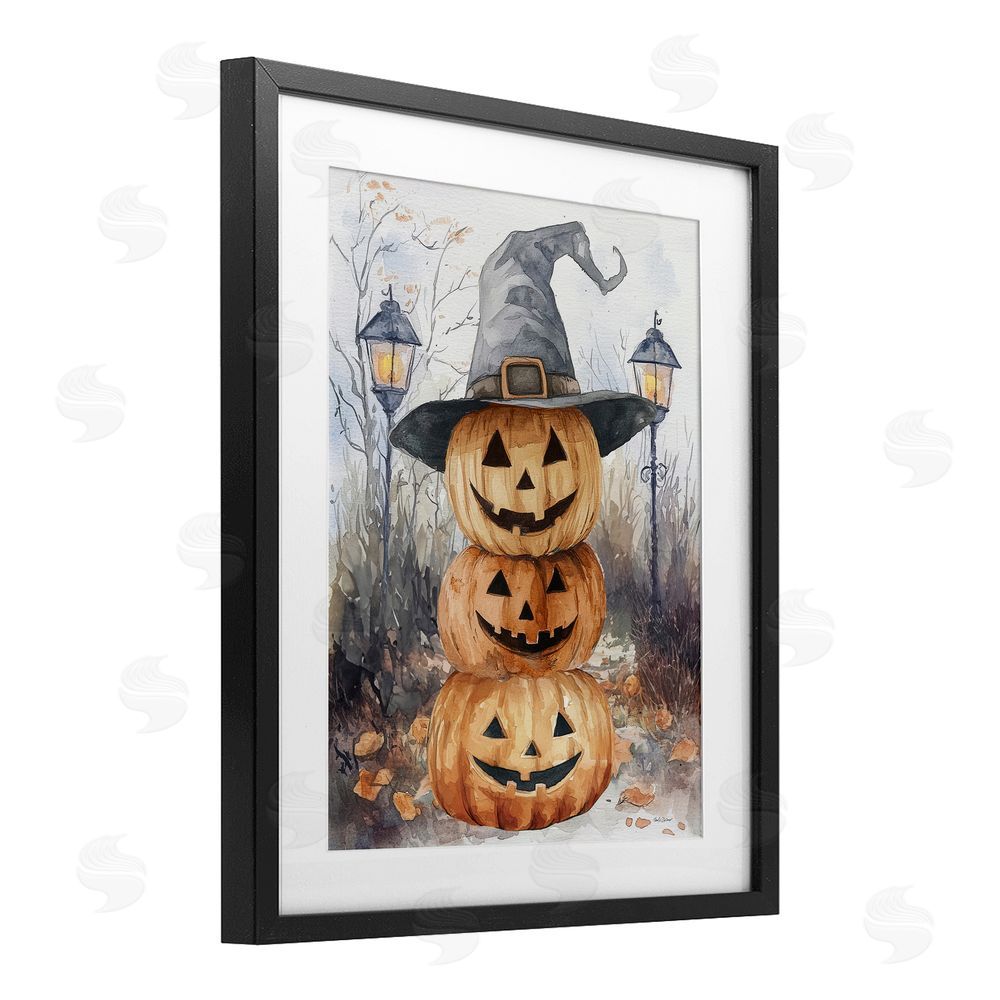Nicole DeCamp Stacked Jack-o-Lanterns with Witch Hat Black Framed Print Under Glass Art