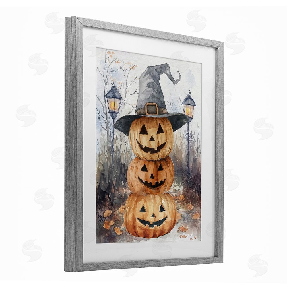 Nicole DeCamp Stacked Jack-o-Lanterns with Witch Hat Gray Framed Print Under Glass Art