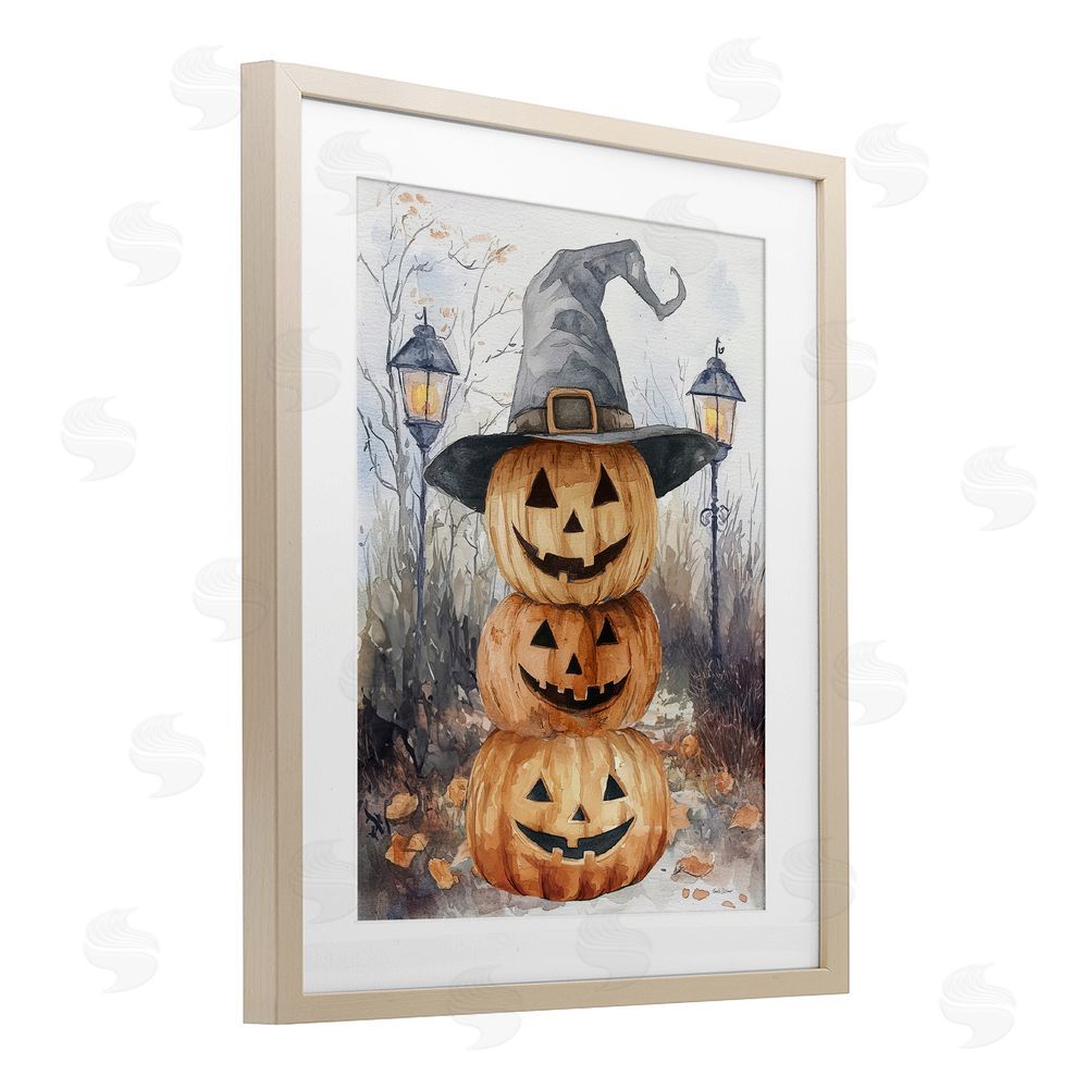 Nicole DeCamp Stacked Jack-o-Lanterns with Witch Hat Birch Framed Print Under Glass Art