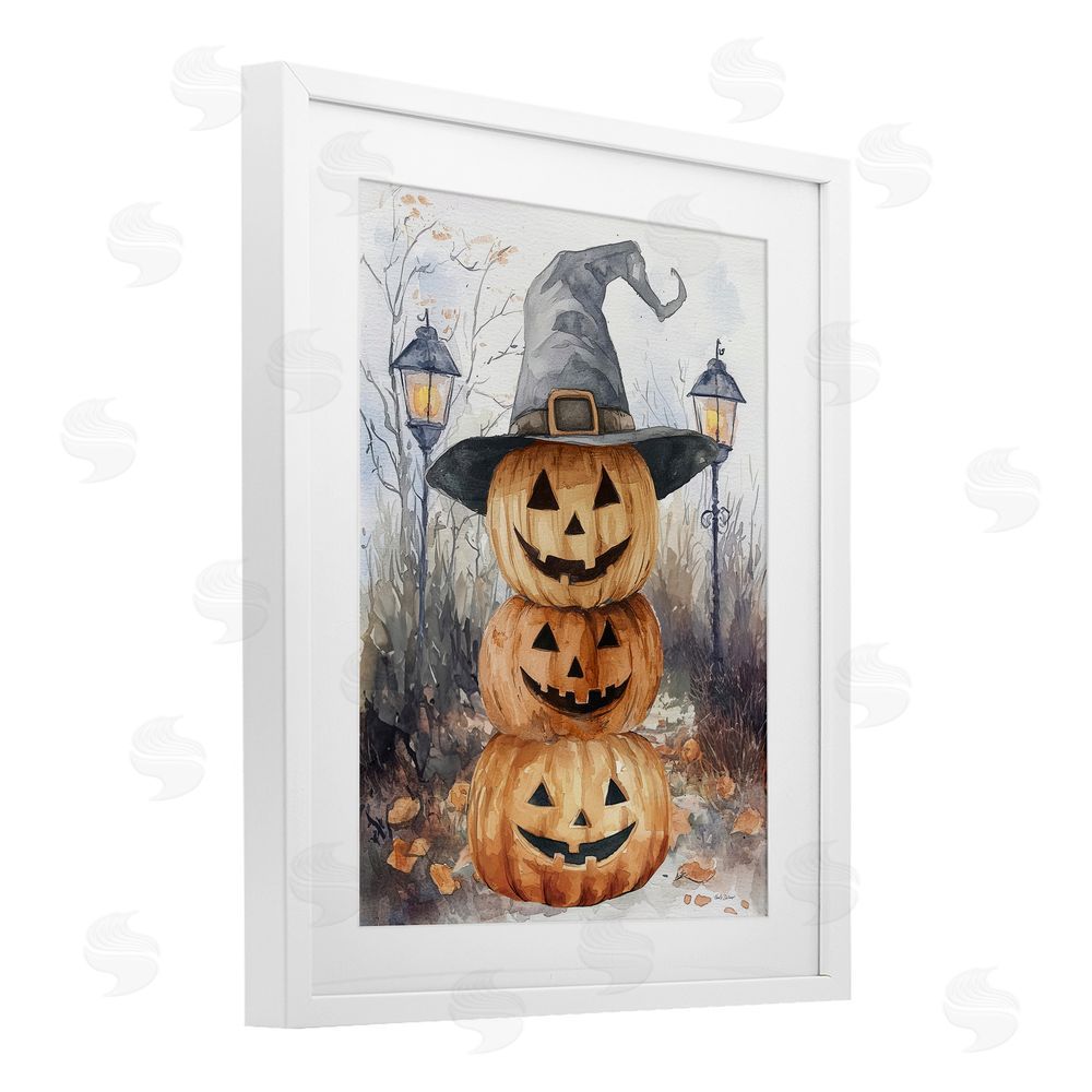 Nicole DeCamp Stacked Jack-o-Lanterns with Witch Hat White Framed Print Under Glass Art