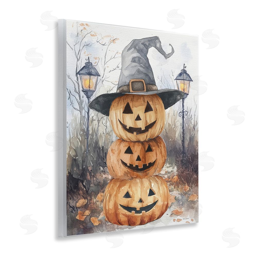 Nicole DeCamp Stacked Jack-o-Lanterns with Witch Hat Wall Plaque Art Print