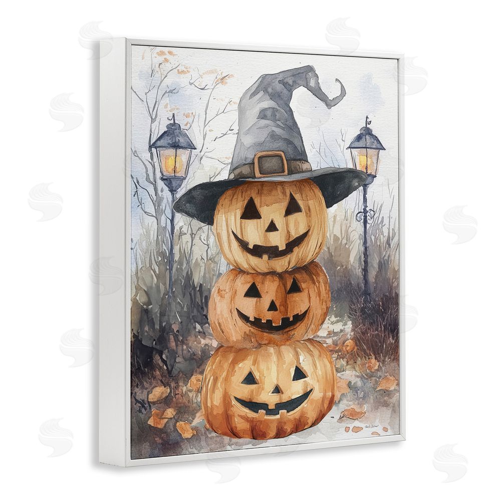 Nicole DeCamp Stacked Jack-o-Lanterns with Witch Hat White Frame Giclee Art Print