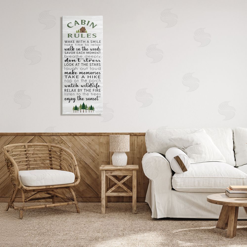 Seven Trees Design Cabin Rules Enjoy The Moment Stretched Canvas Wall Art in Room