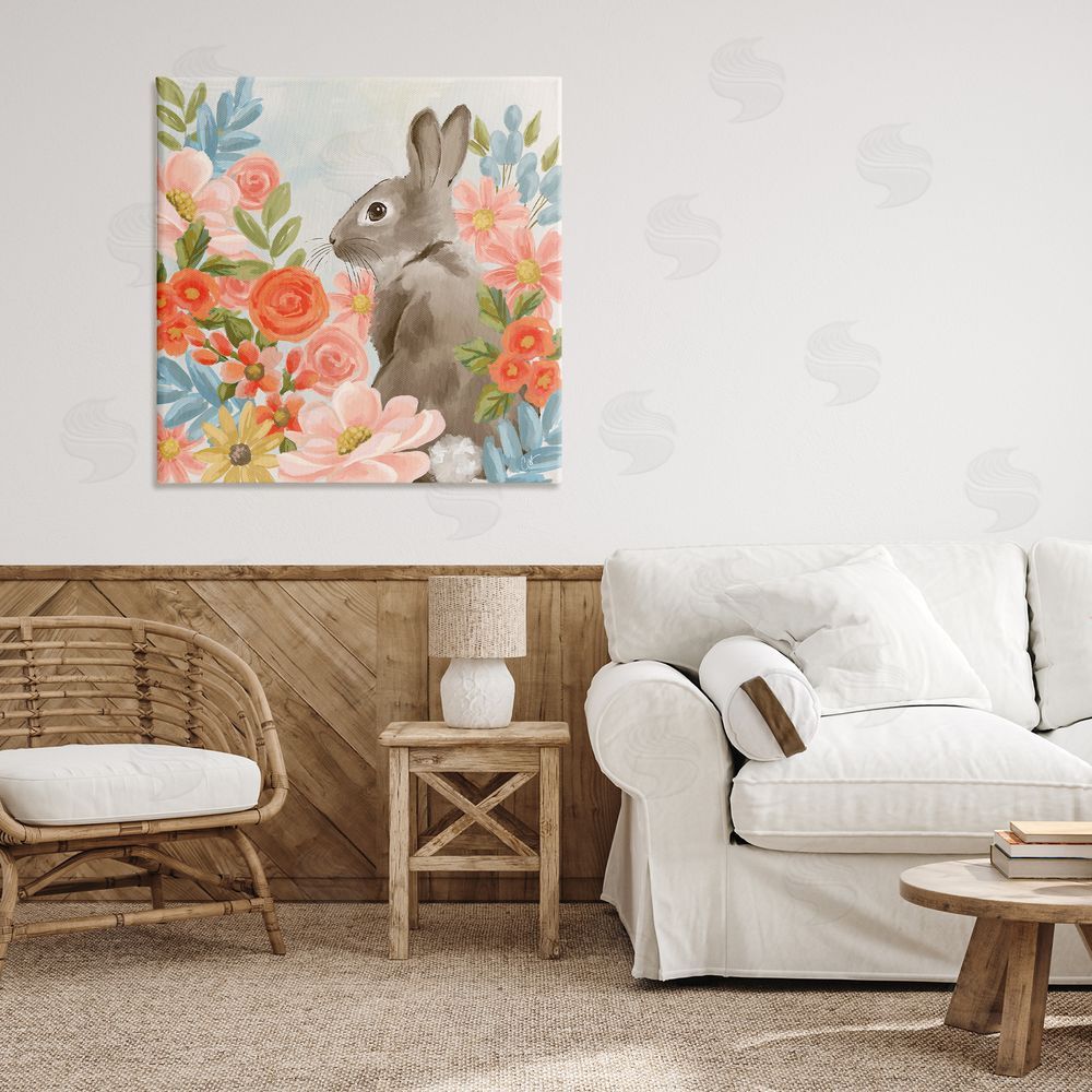Cat Thurman Designs Bunny In The Blooms Stretched Canvas Wall Art in Room