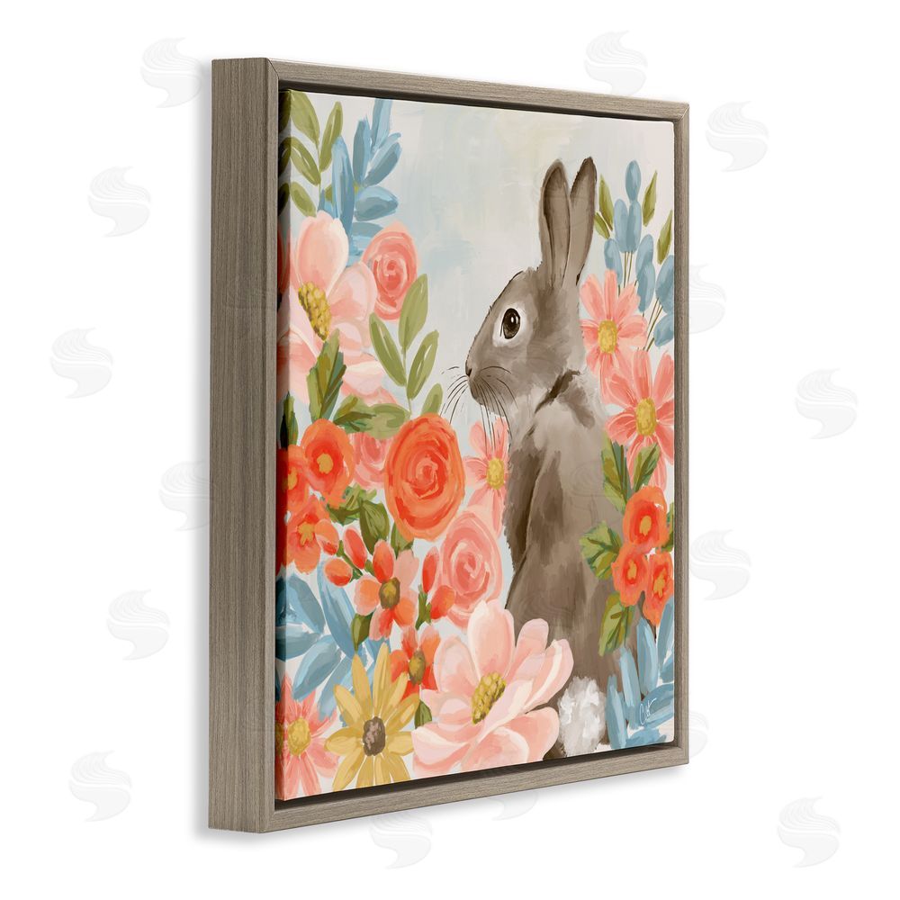 Cat Thurman Designs Bunny In The Blooms Brown Floating Frame Canvas Wall Art Print