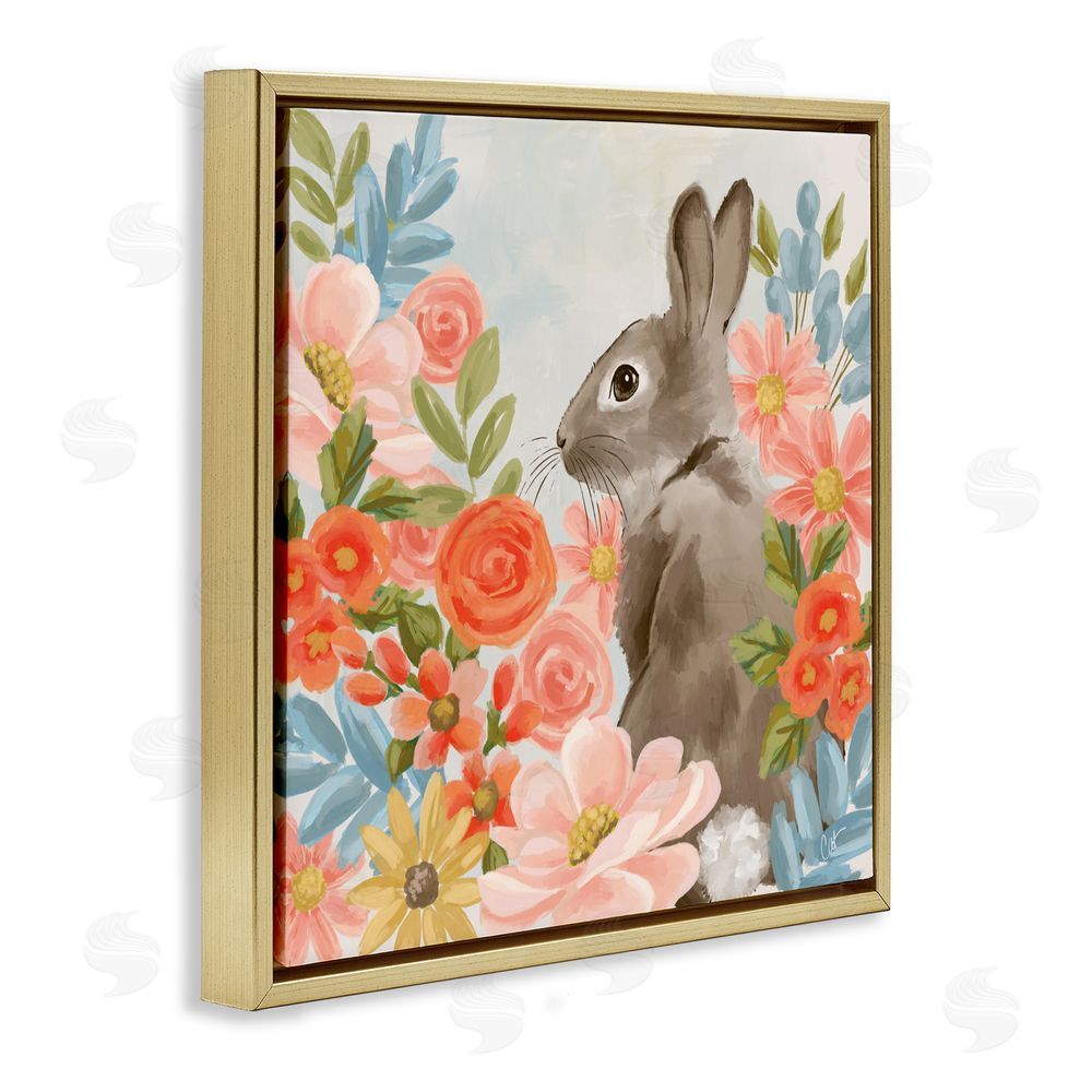Cat Thurman Designs Bunny In The Blooms Gold Floating Frame Canvas Wall Art Print