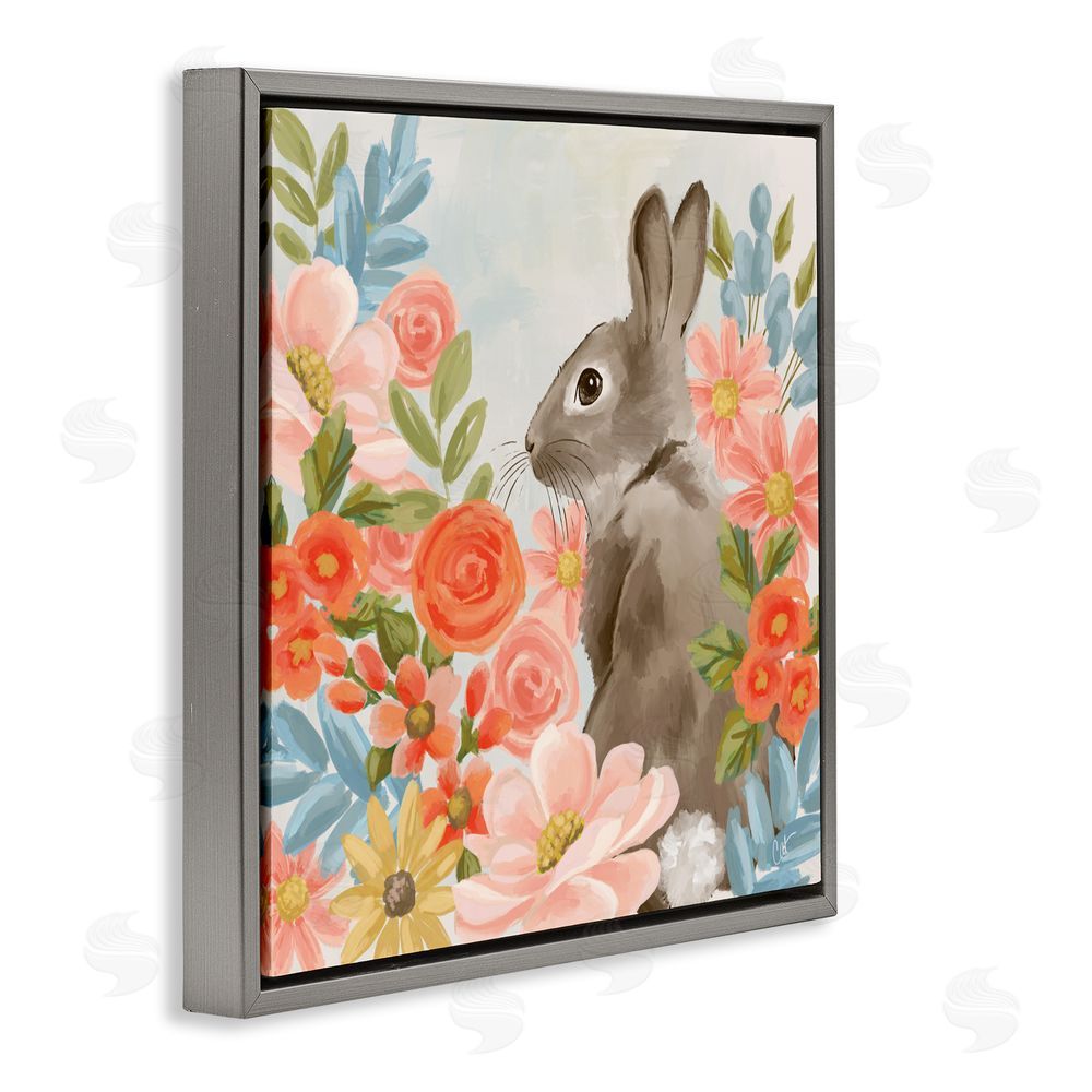 Cat Thurman Designs Bunny In The Blooms Gray Floating Frame Canvas Wall Art Print