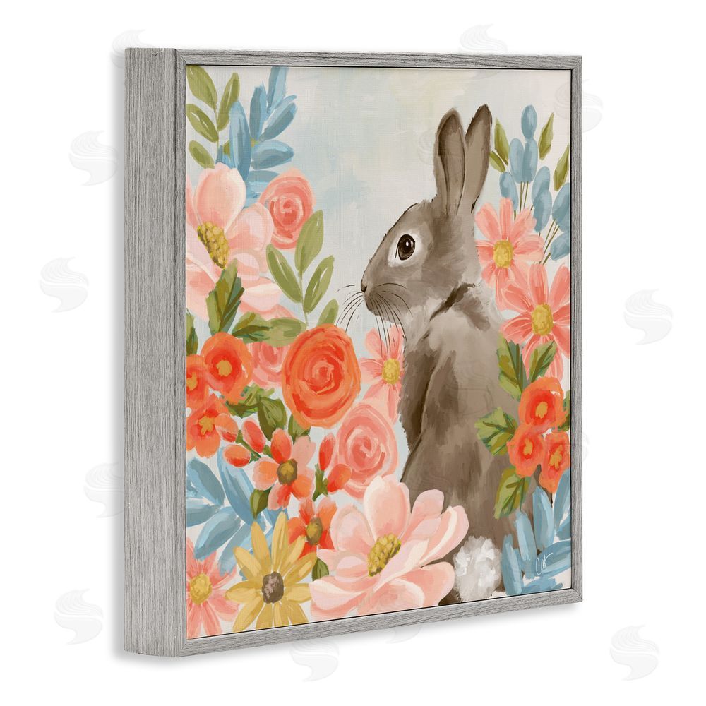 Cat Thurman Designs Bunny In The Blooms Gray Framed Giclee Wall Art Print