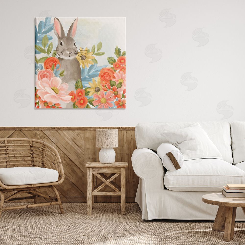 Cat Thurman Designs Bunny Among The Blooms Stretched Canvas Wall Art in Room