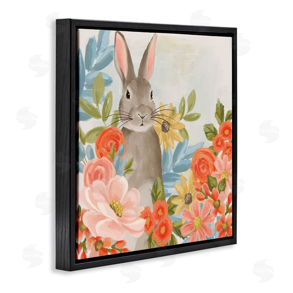 Cat Thurman Designs Bunny Among The Blooms Black Floating Frame Canvas Wall Art Print